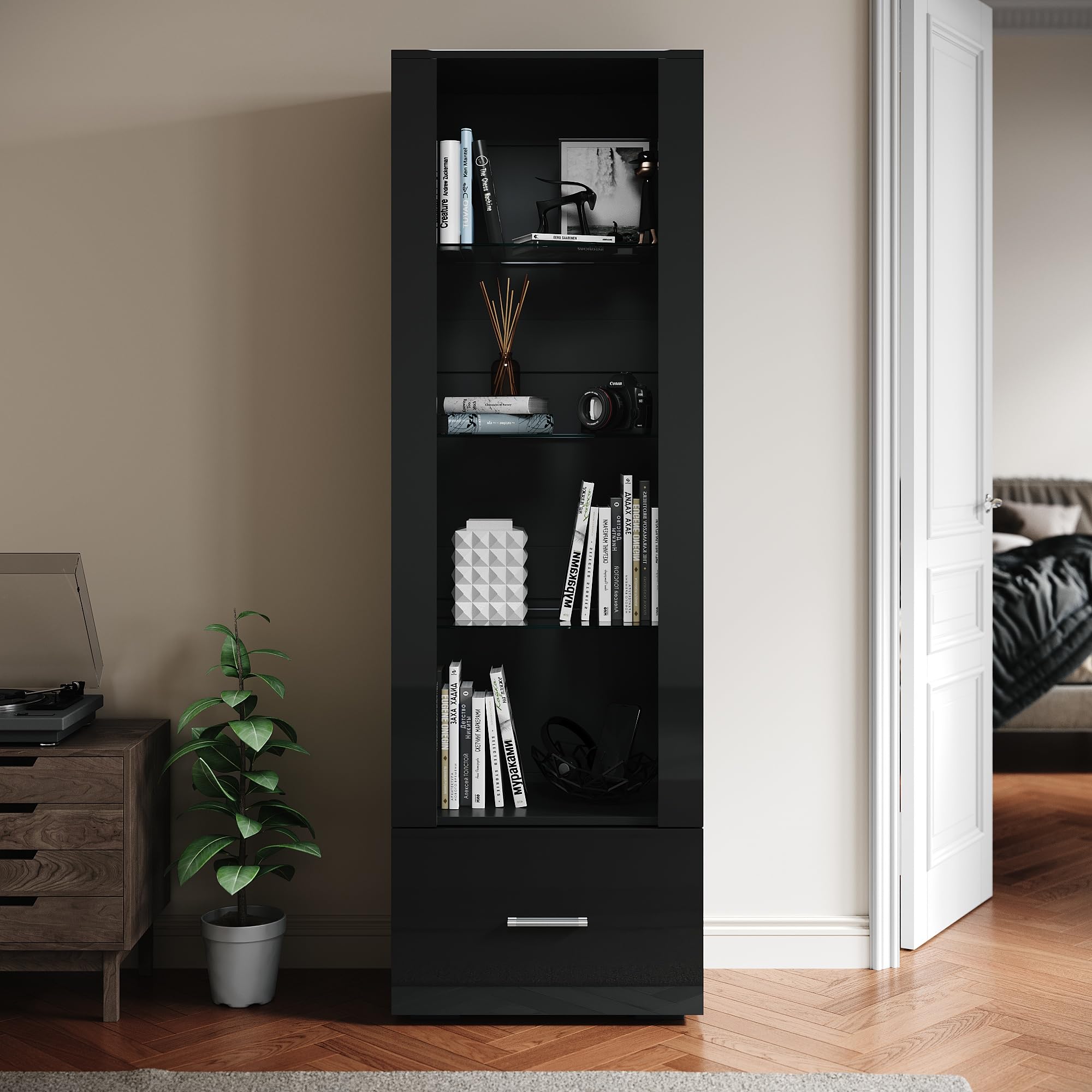 SIRHONA Vitrine avec éclairage LED en Verre avec Tiroirs, Façade Brillant Meuble Salon Rangement pour Collection, L550 x D350 x H1720mm