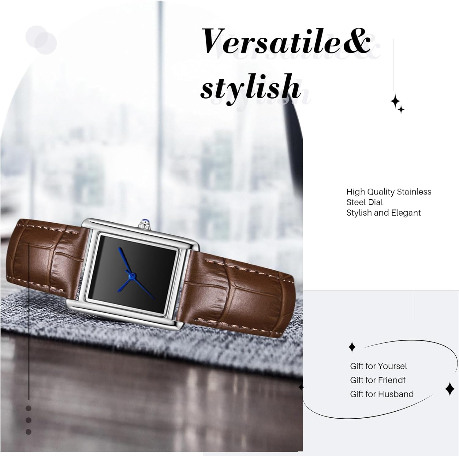 RORIOS Unisex Watch Valentines Couple Pair Quartz Watches Rectangular Wristwatch for Men Women Leather Strap Watch Roman Numeral Wristwatches Silver Brown Female A