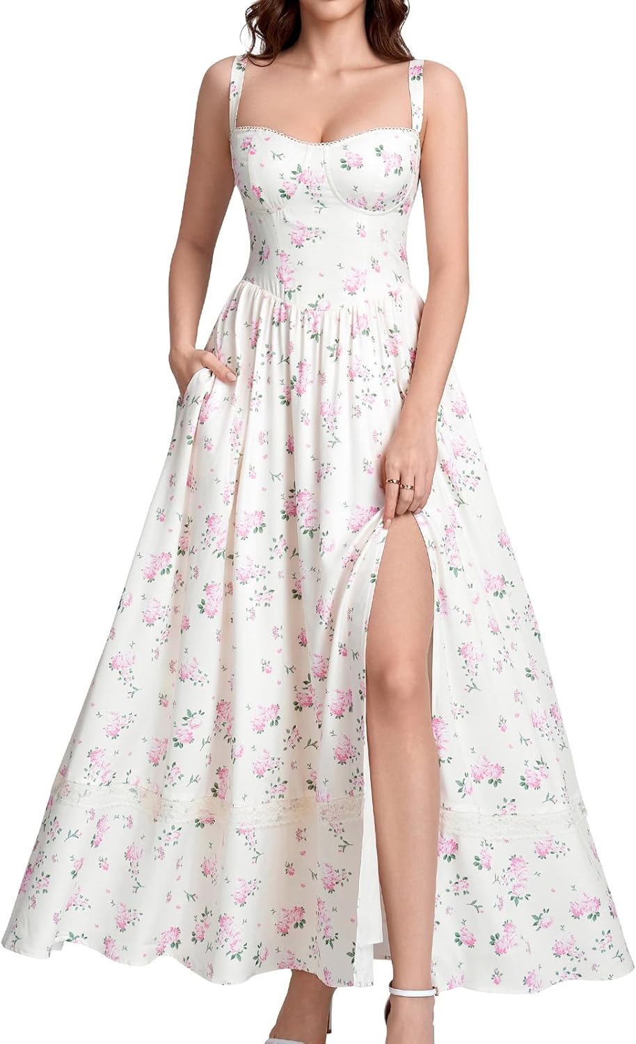 GLNEGE Floral Corset Wedding Guest Maxi Dress Summer Spring Flowy A Line Slit Tea Party Sundress for Women with Pockets