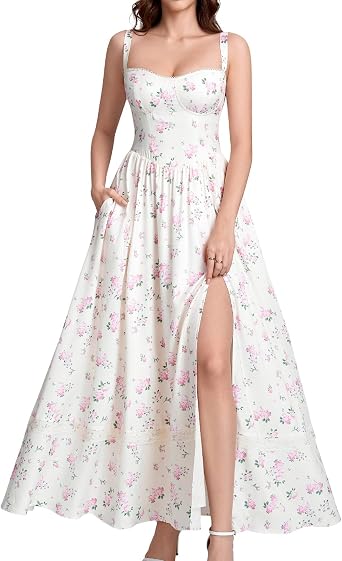 GLNEGE Floral Corset Wedding Guest Maxi Dress Summer Spring Flowy A Line Slit Tea Party Sundress for Women with Pockets