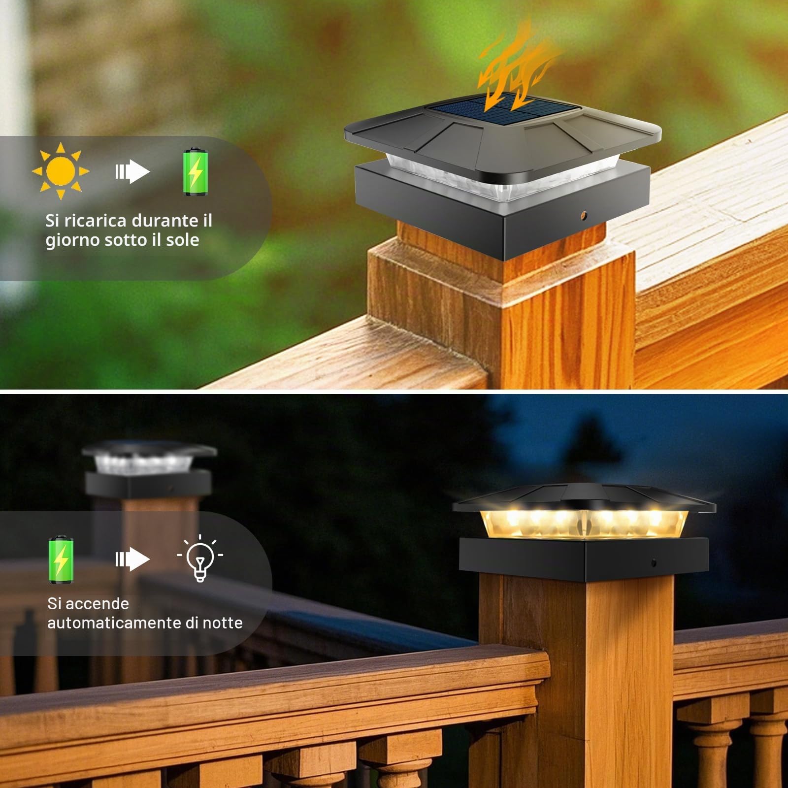 Peasur Lampade a energia solare, 3 modalità, 10 x 10 cm, pali per recinzioni, pali in legno vinilico, lampada solare impermeabile, decorazione da giardino per pali in legno, recinzione, patio, 4 pezzi