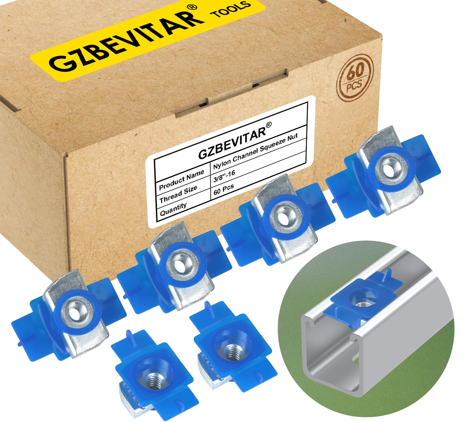 GZBEVITAR Nylon Channel Squeeze Nut, 3/8"-16 Strut Channel Cone Nuts - 60 Pcs, Easy Positioning for American Channel Support Systems, Solar Panels