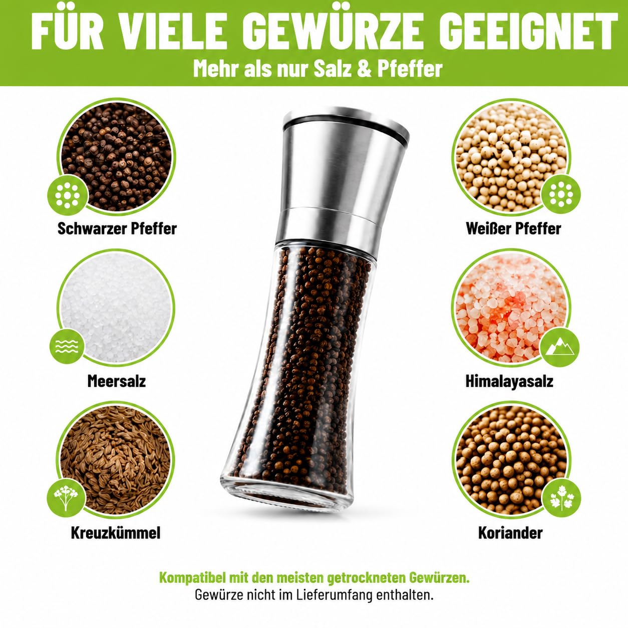Elf-Family Salz und Pfeffermühle 2er Set, Pfeffermühle und Salzmühle mit Keramikmahlwerk, Stufenlos Einstellbar, Großes Fassungsvermögen, Manuelle Gewürzmühle für Salz, Pfeffer und Gewürze, 19,2 cm