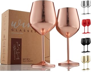 Weingläser mit Stiel aus Edelstahl - Unzerbrechliche Kelche mit 540 ml Fassungsvermögen für Poolpartys im Freien, Jubiläen - Elegantes Trinkgeschirr in Roségold für Champagner und Cocktails (2er Pack)