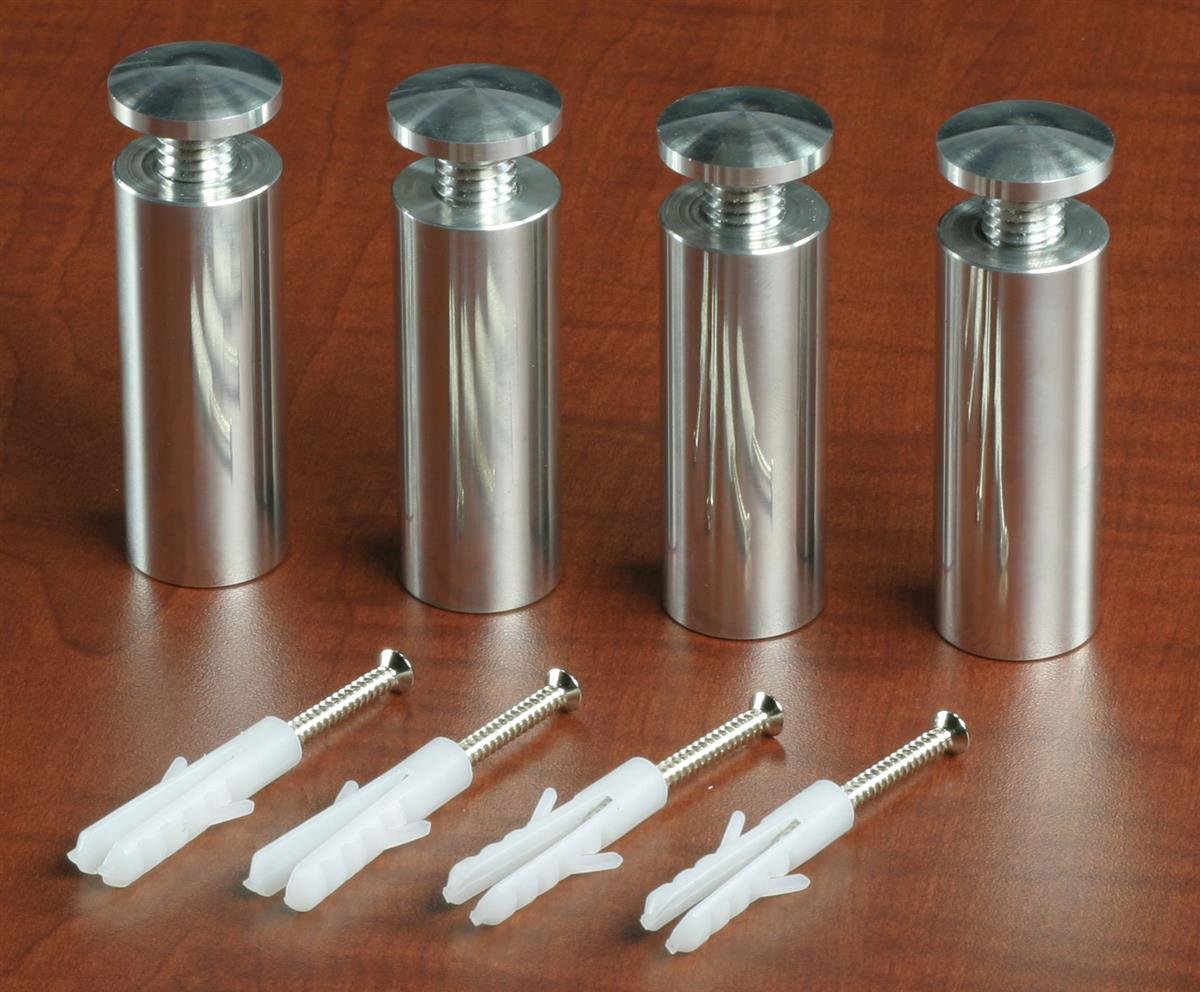 Set of Eight, 1 x 2-1/2 Inch Large Polished Silver Finish Aluminum Standoff Screws for Shelf Displays and Sign Panels, for Two Signs