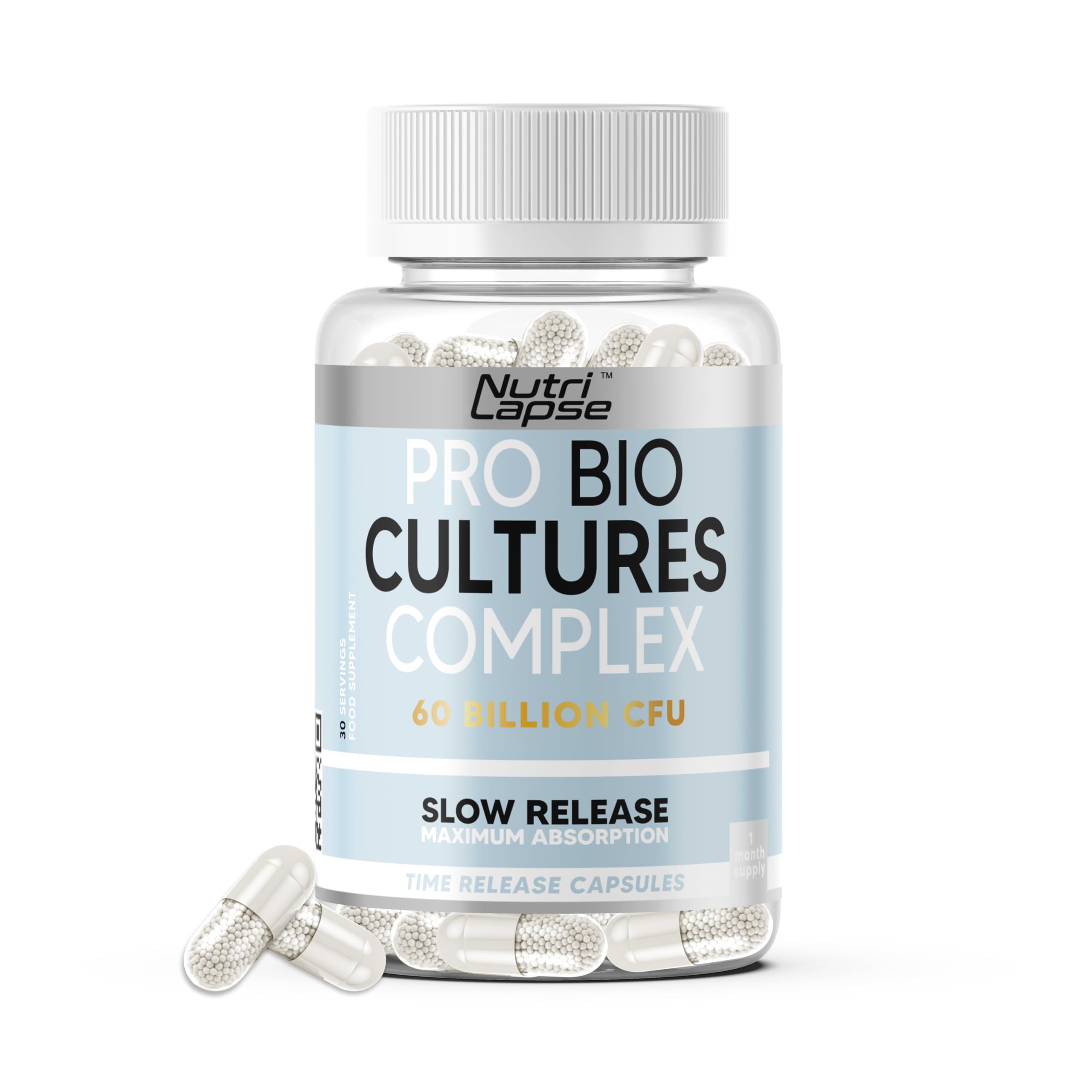 Bio Culture Probiotics Complex, 60 Billion CFU, Advanced Granular Biotechnology Capsules Slow-Release Maximum absorbtion for Gut Health.