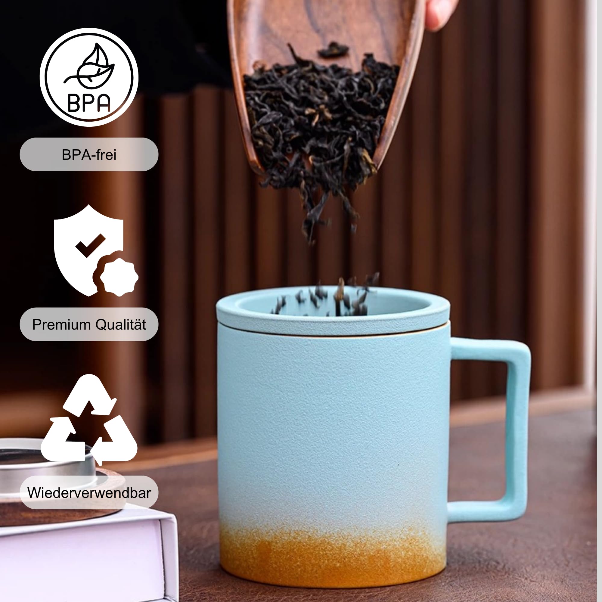 JanYoo Teetasse mit Deckel und Sieb, 300ml Teebecher mit Teesieb und Deckel für Losen Tee, Blooming Tea, Keramik Farbverlaufende Glasur Teetassen Geschenke für Teeliebhaber(Blau)