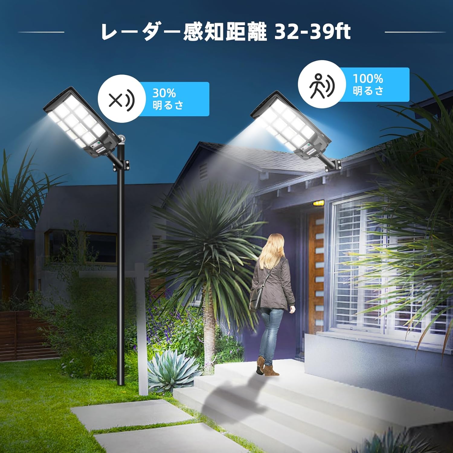 Two images showing the solar street light: one in daylight charging and one at night illuminating an area