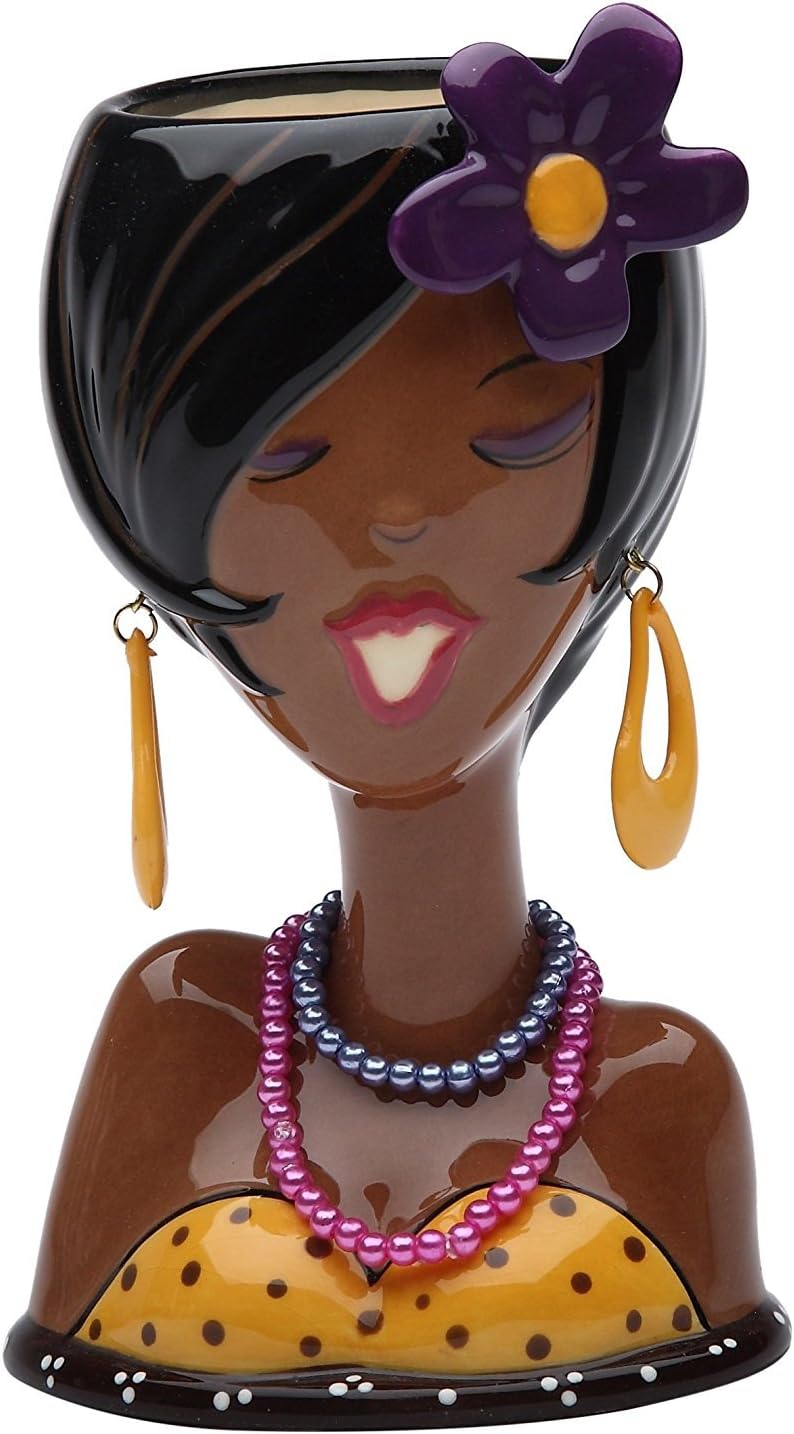 StealStreet SS-CG-62803 Black Glam Girl with Purple Flower Makeup Holder Vase, Yellow, 3 3/4" x 2 3/4" x 6 3/8" H
