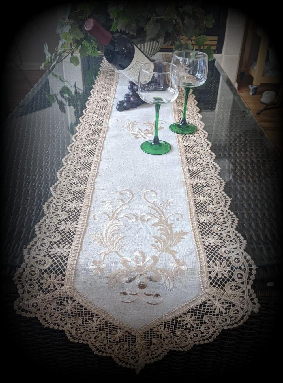 Galleria di Giovanni Lace Embroidered Dresser Scarf Mantel Shelf Table Runner Natural Beige Neutral 66 inch x 13 inch Doily
