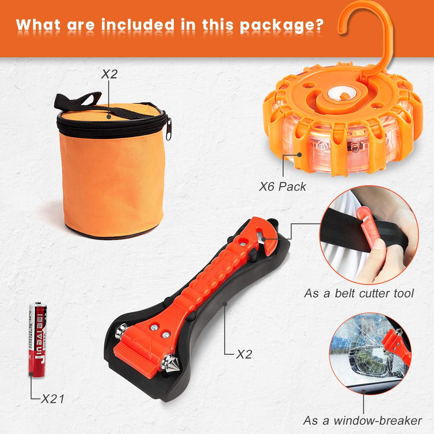 SHINESTAR 6-Pack Roadside Safety Discs, LED Road Flares with Safety Hammer, Batteries and Storage Bag Included, Flare Kit Emergency for Vehicles, Truck, Car