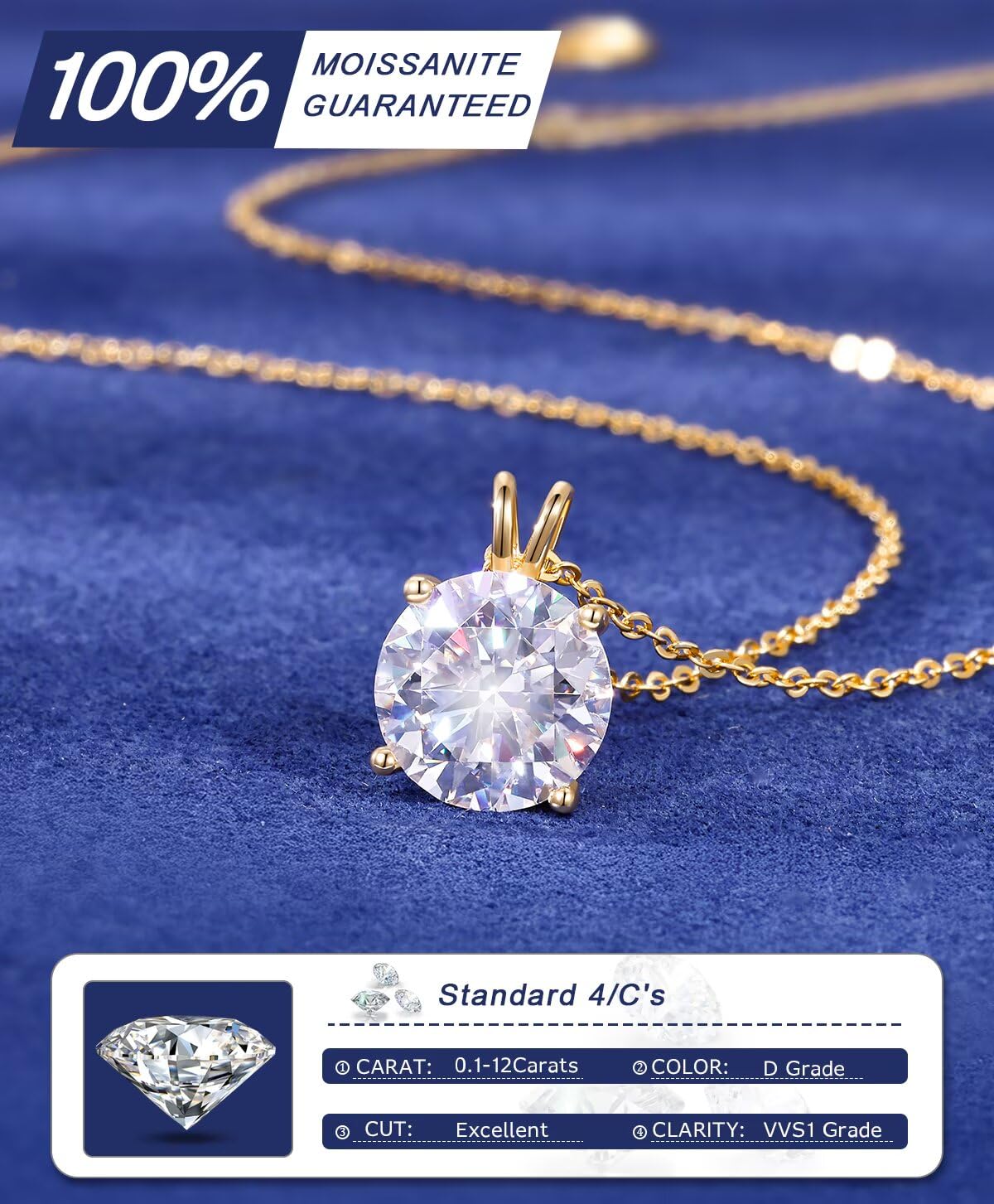 TUHE Collar de moissanita para mujer de 0.1 a 12.0 quilates (3-15 mm), colgante de moissanita chapado en oro de 18 quilates, collar solitario redondo con cadena de 45.7 cm + 5.1 cm, joyería para mamá