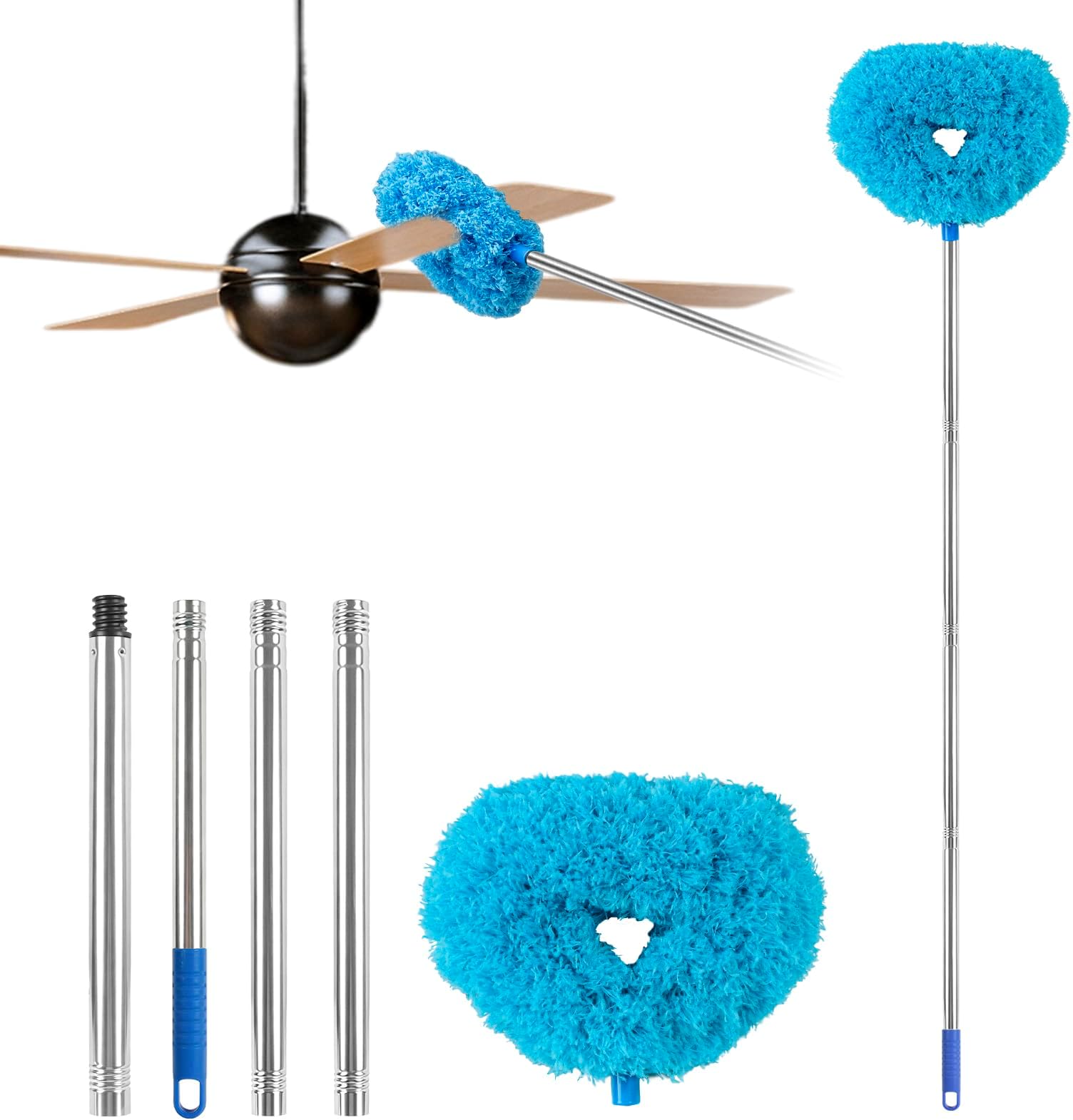 Ceiling Fan Cleaner Duster Reusable Microfiber Ceiling Fan Blade Cleaner Removable Duster with Extension Pole Adjusts 13 to 49.7 Inch for Cleaning Walls Bookshelves Furniture Door Window Top (Blue)