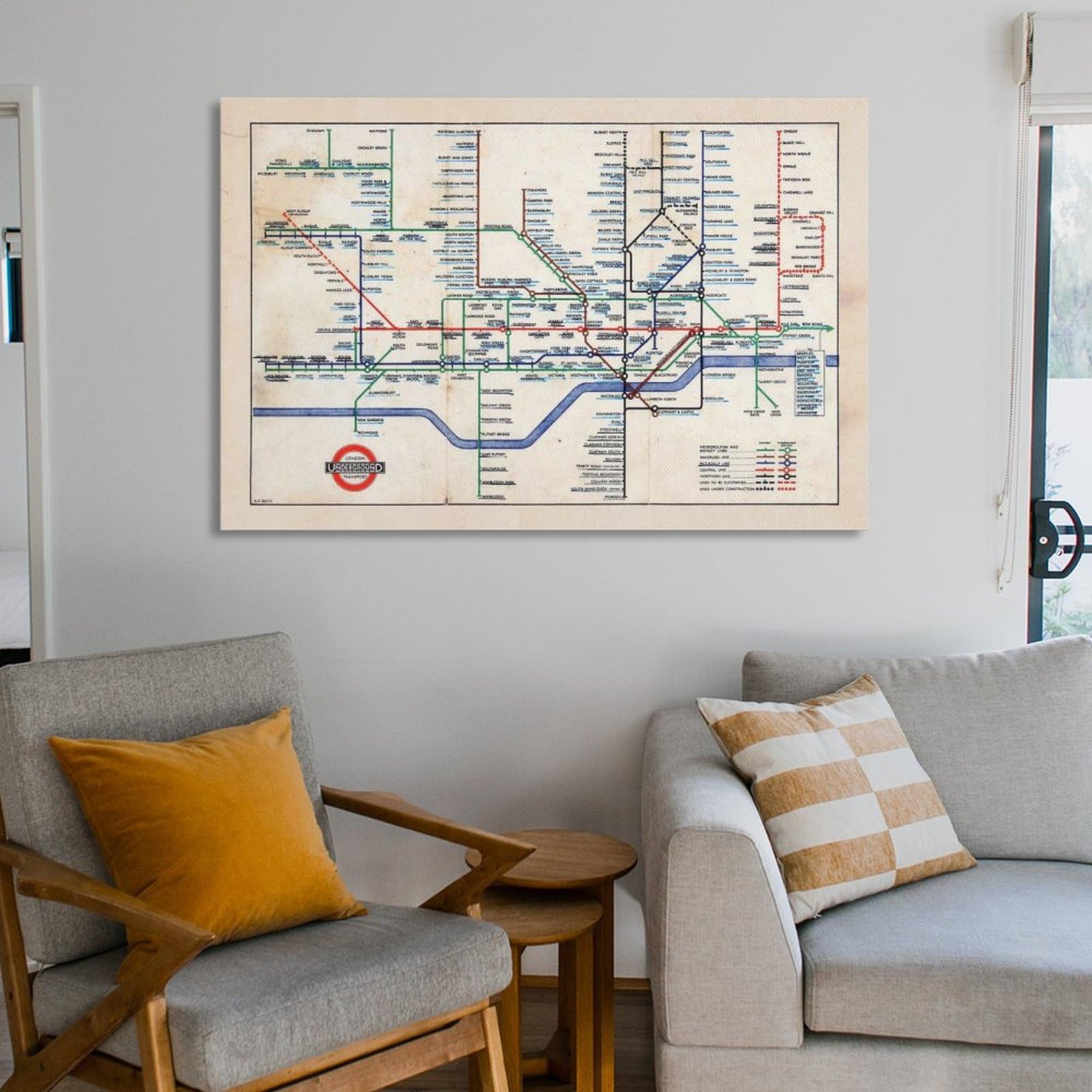 Generic Lienzo decorativo con mapa retro del metro de Londres de 1947, escala de grises, 60 x 90 cm, mapa histórico, perfecto para sala de estar, dormitorio, oficina, etc.