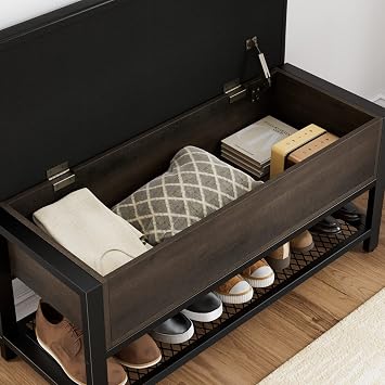 HOSTACK 40 W Storage Bench, Entryway Shoe Bench with Cushion, Dark Brown