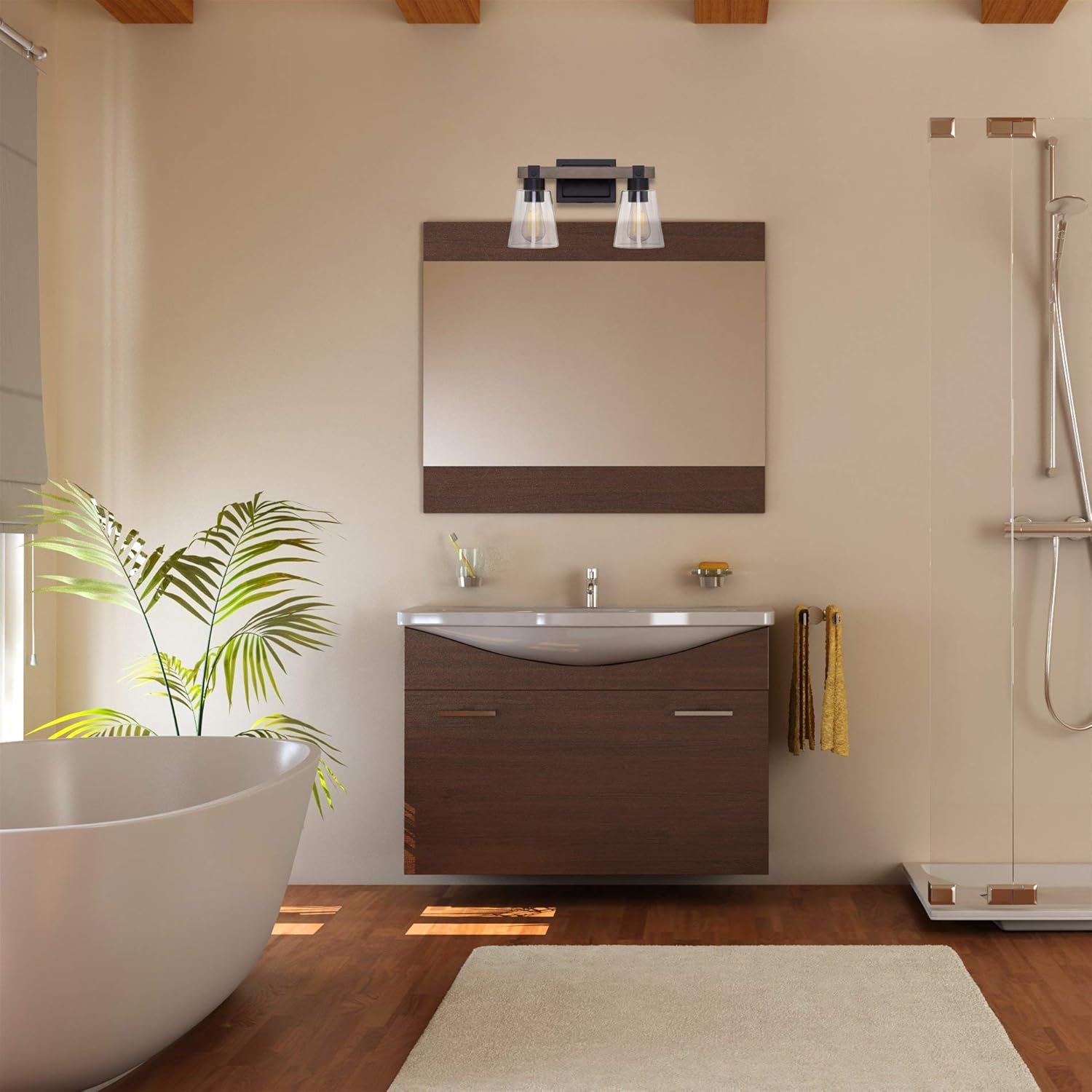 Frее Shірріng Ovеr $50 Kira Home Asher 16 2-Light Farmhouse Vanity/Bathroom Light + Funnel Glass Shades, Smoked Birch Wood Style + Black Finish TOP оƒƒERS Kira Home Asher 16 2-Light Farmhouse Vanity/Bathroom Light + Funnel Glass Shades, Smoked Birch Wood Style + Black Finish