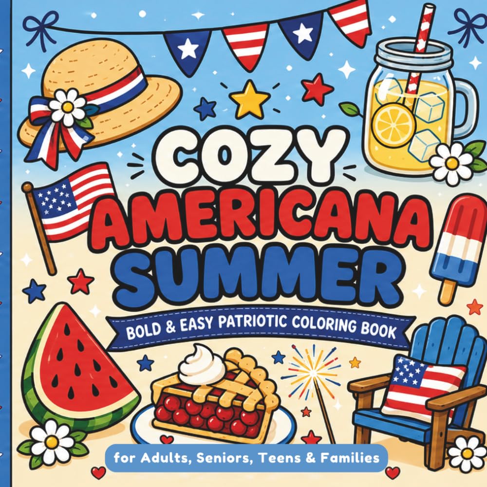 Cozy Americana Summer Coloring Book: Bold and Easy Patriotic Coloring Book with Cute Summer Scenes for Adults, Seniors, Teens, and Families (Cozy Seasons Coloring Books)