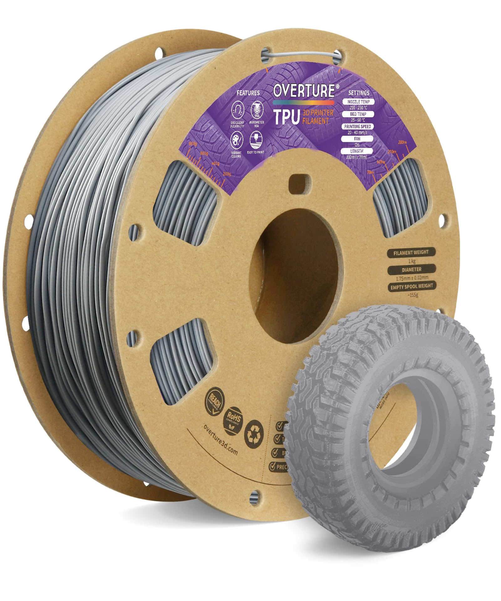 OVERTURE Filamento TPU 1kg Grigio, 1.75mm Flessibile TPU Filamento per Stampante 3D, Elevata Liquidità, Precisione Dimensionale +/- 0.02 mm, per Stampante 3D (Grigio)