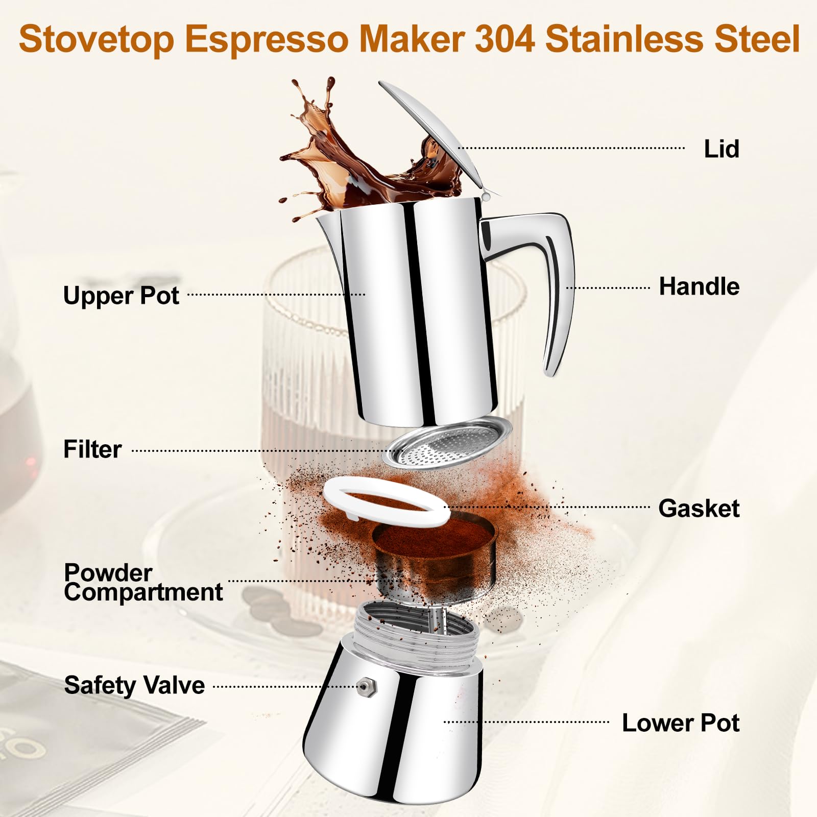 Olla Moka de acero inoxidable 304 grueso para 4 tazas, cafetera italiana de 200 ml, apta para estufas de inducción de gas, elegante, cafetera percoladora, cafetera