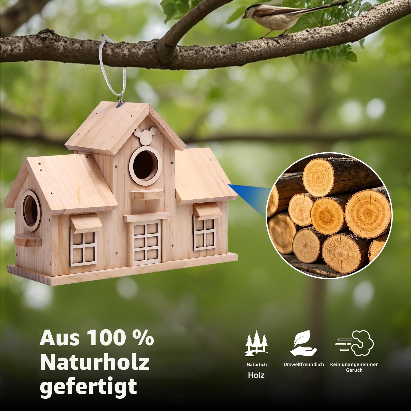Dekoratives Vogelhaus aus Holz, natürliches Kiefernholz, Design mit doppeltem Eingang