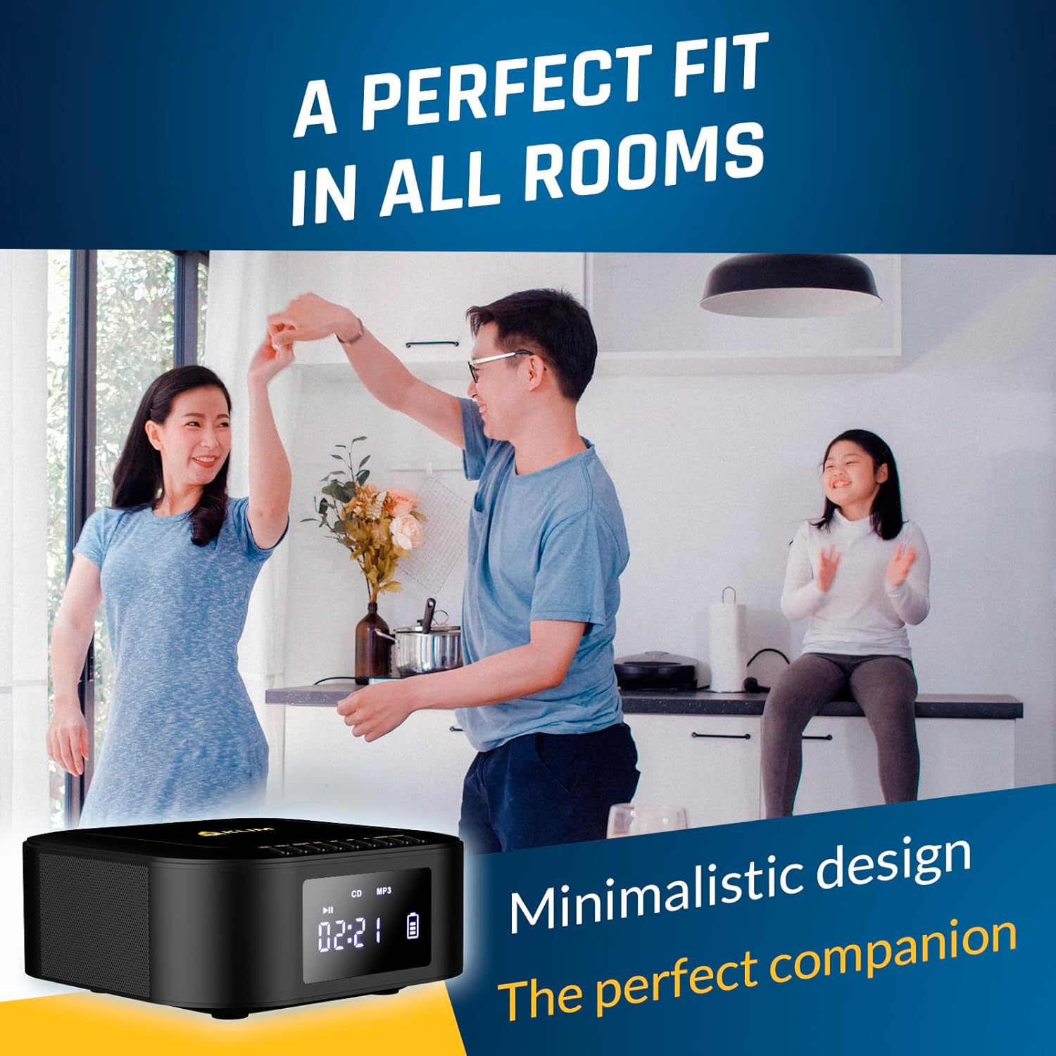 KLIM Boombox E1 – Portable CD Player with Subwoofer – Extra Bass, Bluetooth, FM Radio, USB, AUX, MP3 – Rechargeable Battery, Wired & Wireless Modes, Remote Control – Black/Gold