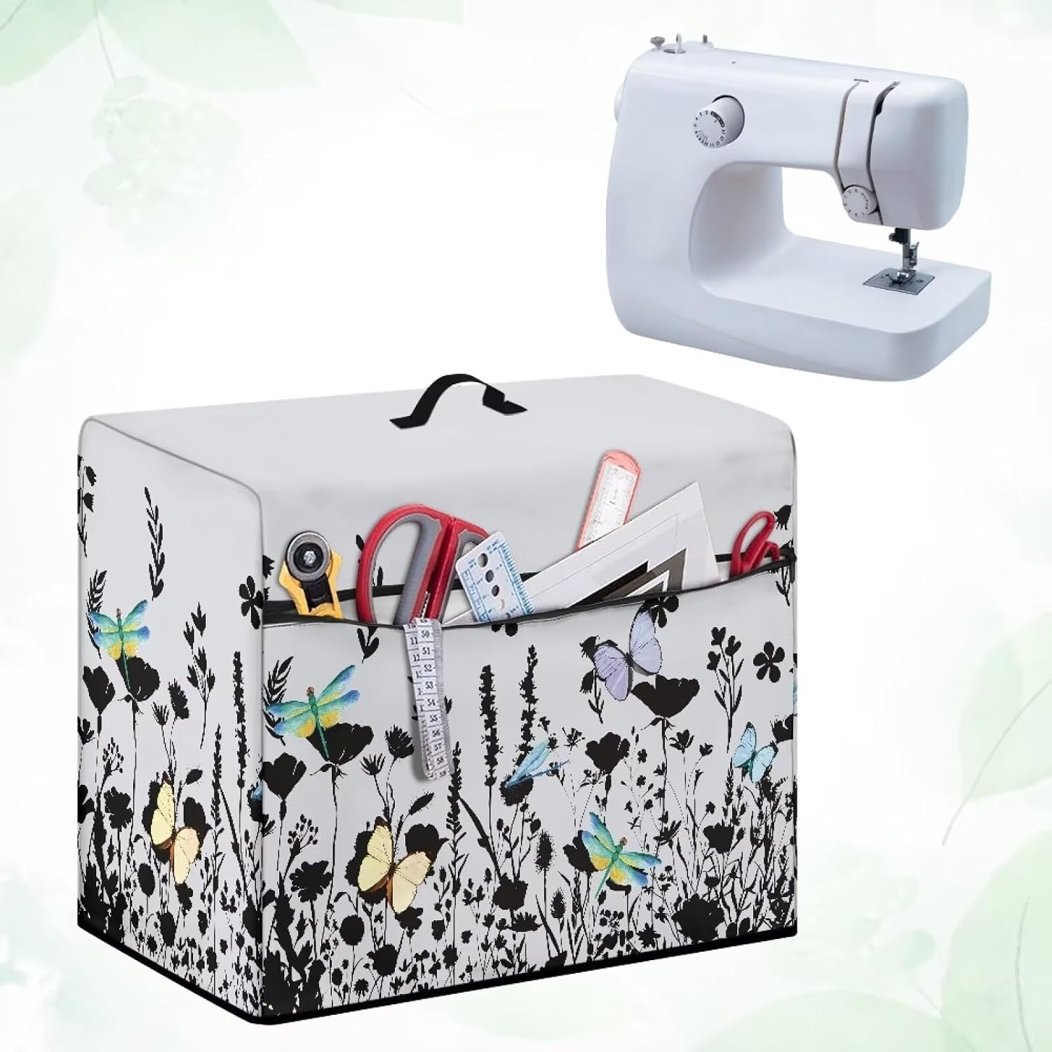 Floral Cover for Sewing Machine Pattern Large Sewing Machine Cover Butterfly Dragonfly Protective Dust Cover for Sewing Machine with Pockets for Most Standard Sewing Machines