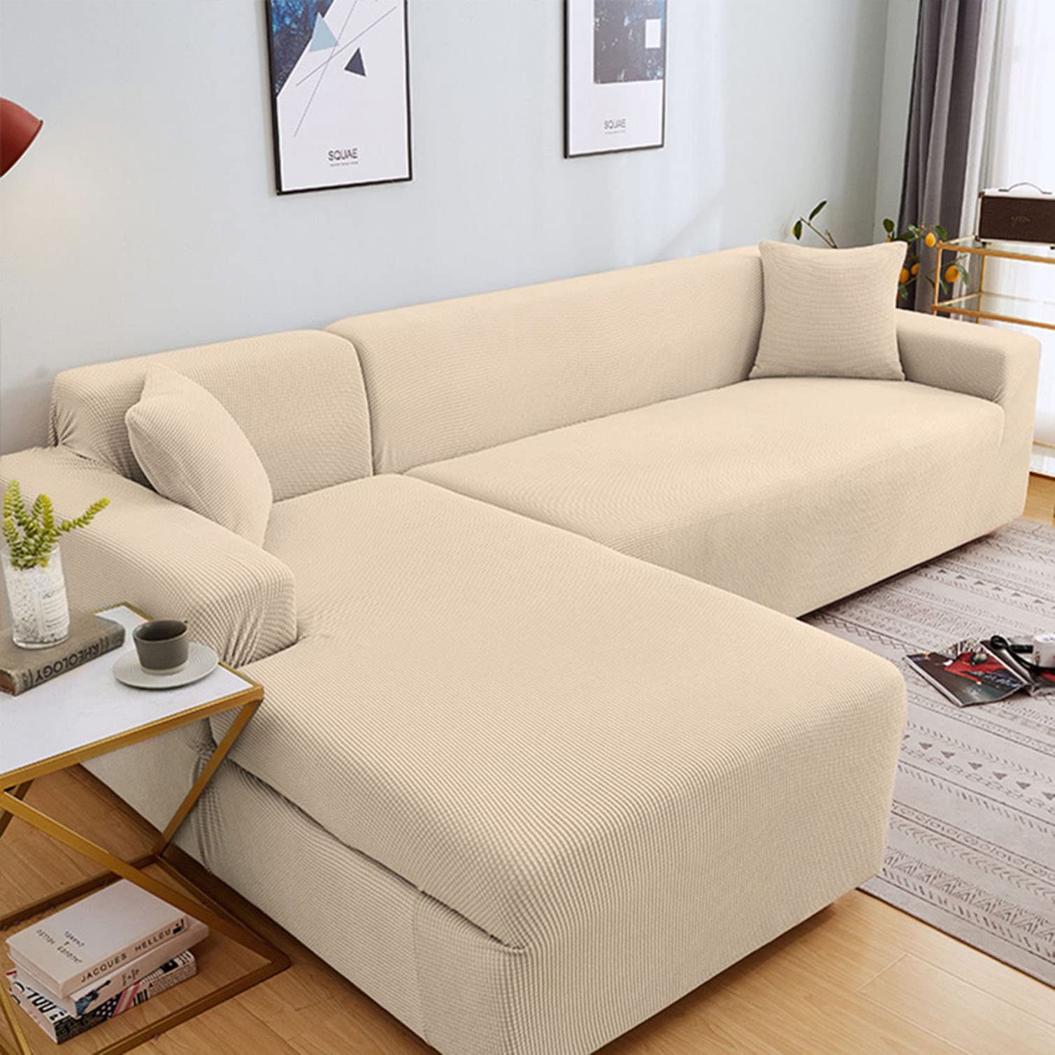 DFVEKYOW Stretch Sectional Sofa Cover L Shape Sofa Slipcovers Fabric Furniture Protector with Elastic Bottom Couch Covers for Living Room -yellow-1-1 Seater(90-140cm)