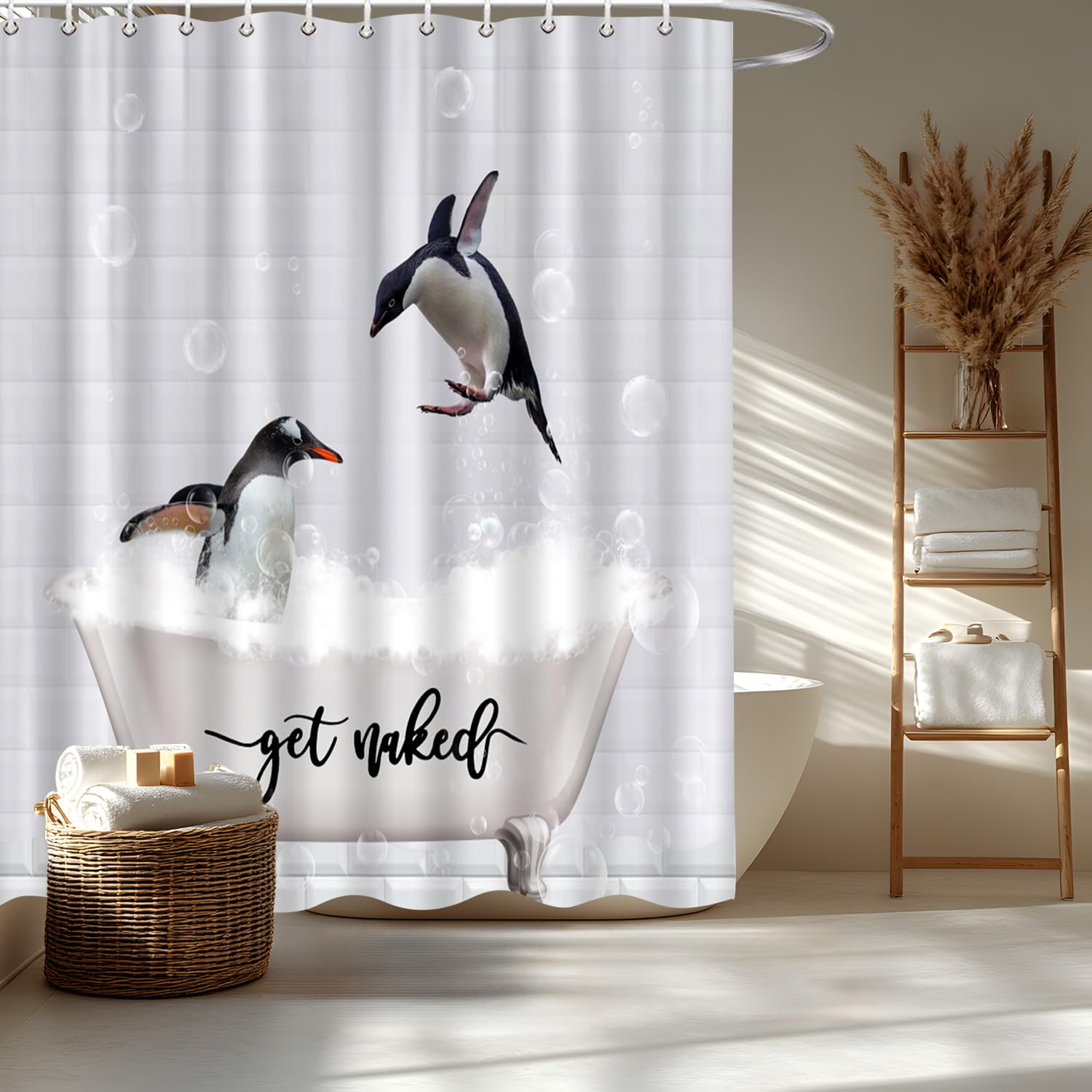 YOZSLGU Funny Penguin Shower Curtain Cute Animal Bathtub White Modern Creative Fabric Bathroom Decor Curtains Set with Hooks, 70"x70"