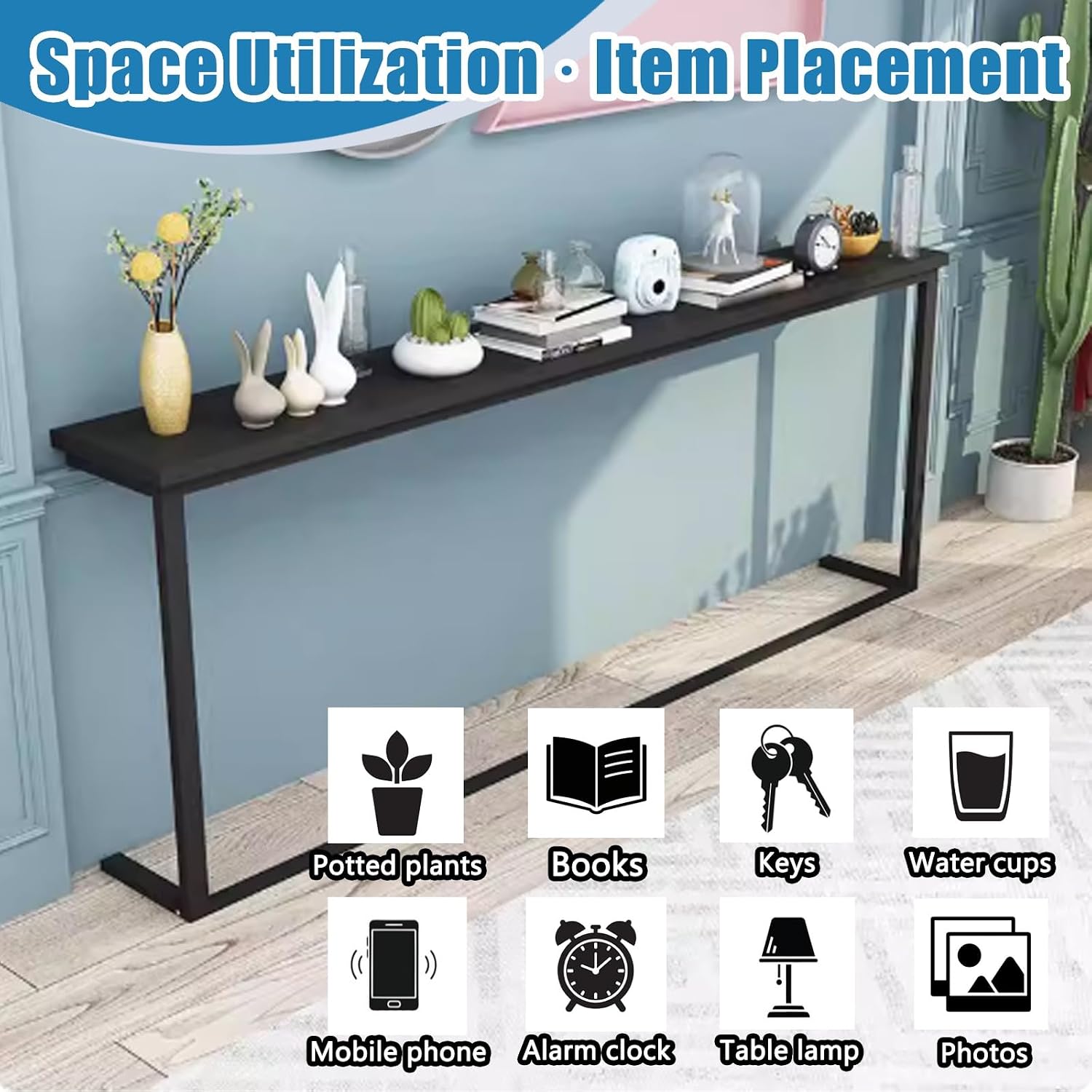 LZMZMQ Customizable Behind The Couch Tables for Storage/Display, Narrow Entryway Table Wood and Black, Sofa Storage Rack for Living Room Hallway Entry(100x20x80cm/39.4x8x31.5in)