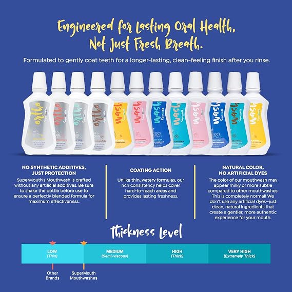 SuperMouth Ortho Mouthwash Fluoride + Nano-Hydroxyapatite, Vitamins D3 & K2, Prebiotics, Alcohol-Free, Alkaline pH, Protects Teeth with Braces & Aligners, Reduces White Spots, Tasty Flavors