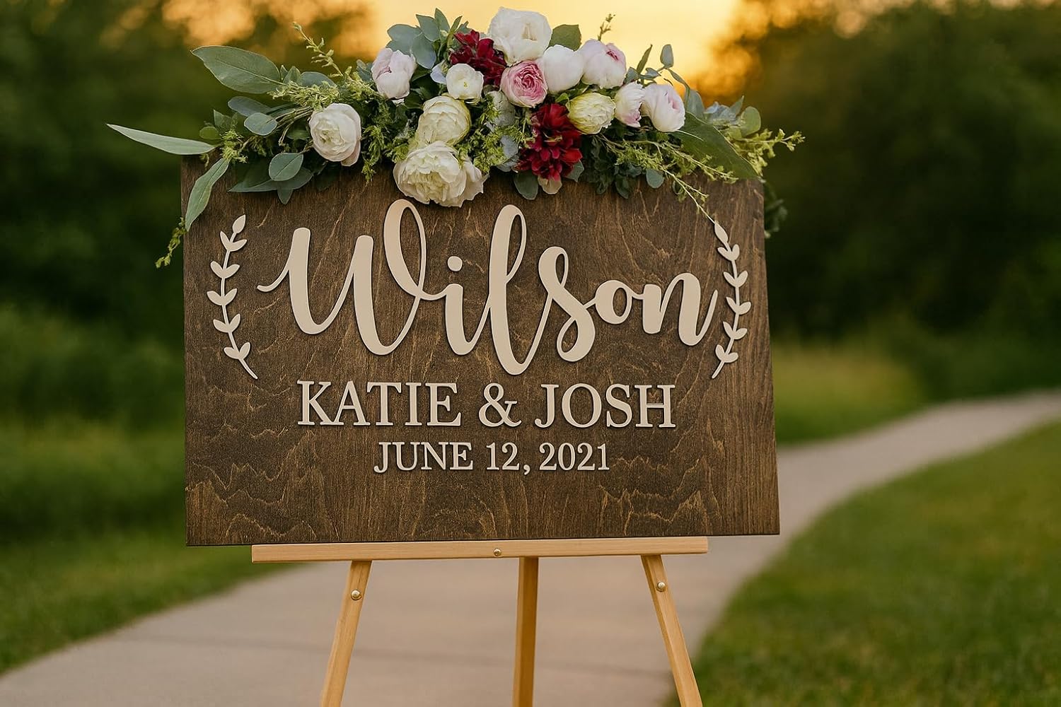 3D Personalized Welcome Sign for Weddings with Laurels. Wooden Wedding Welcome Sign. Custom Wedding Decor. Customized with Your Names and Dates. Wedding Ceremony Decorations. Laser Welcome Autumn