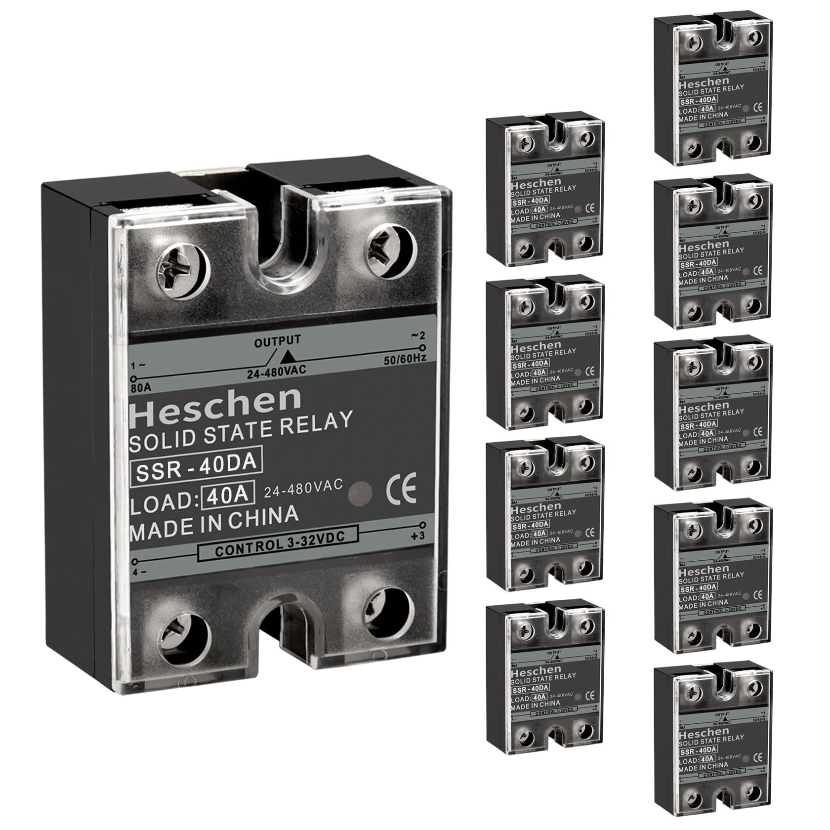 Heschen Relé de estado sólido CC/CA monofásico, SSR-40DA, entrada 4-32VCC, salida 24-480VCA, 40A 50-60Hz (CC/CA 10Pcs)