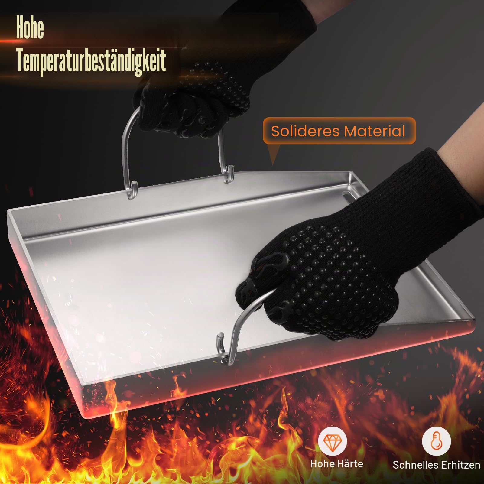 Plancha Grillplatte - 40 x 30 cm Universal Edelstahl Grillplatte für Gasgrill & Kohlegrill - Gleichmäßige Hitzeverteilung- Grill Platte mit 2 Grillspachtel & Handschuhe