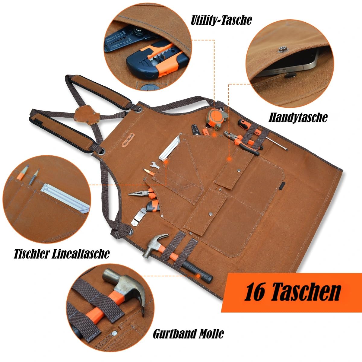 WELKINLAND Werkzeugschürze aus gewachstem Segeltuch mit 16 Taschen, robuste Holzbearbeitungsschürze, voll verstellbare Schürze, 86,4 x 68,6 cm, Schmiede-Schürze für Holzbearbeitung, Braun/Schwarz, 34