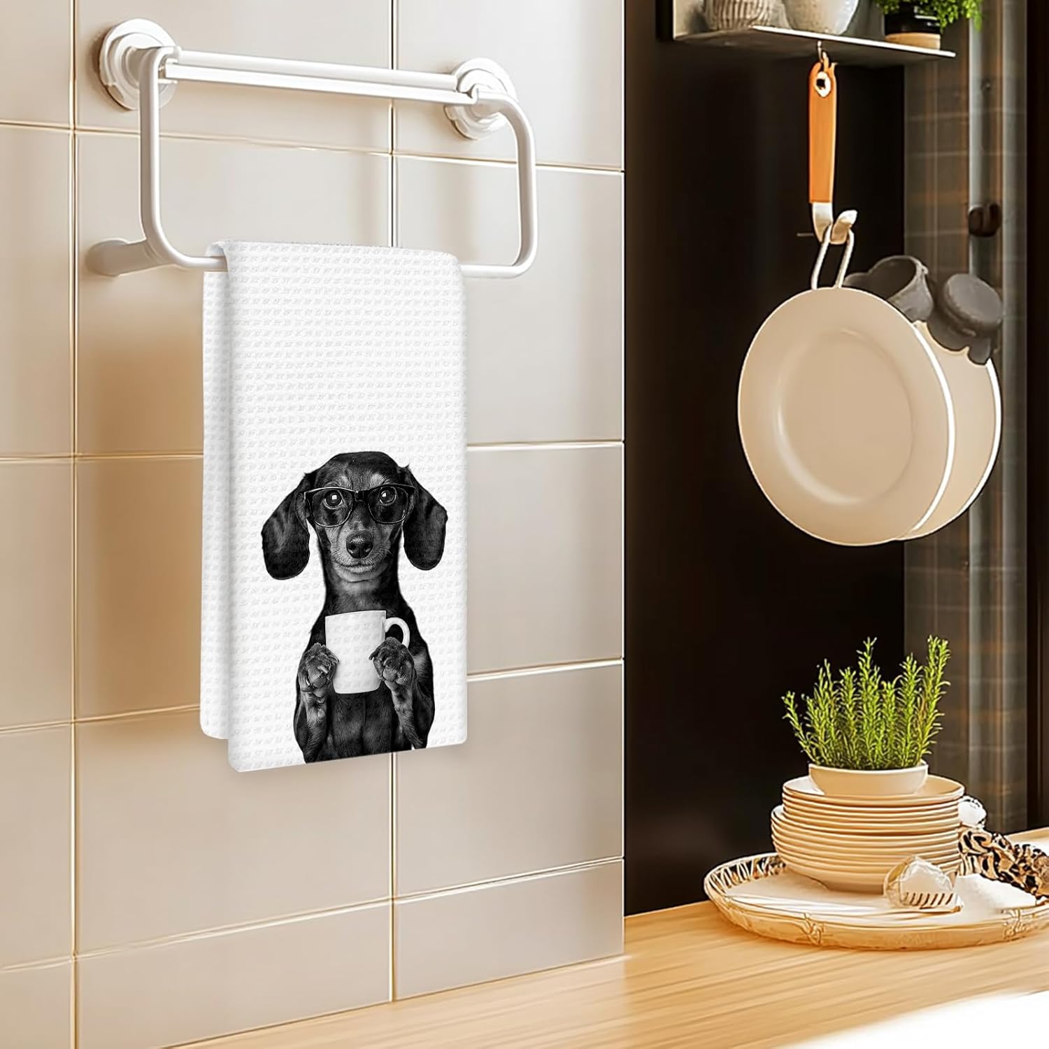 Dachshund Gifts Coffee Wine Kitchen Towels Set of 2, Coffee Dog Dish Tea Towel for Kitchen Decorative, Gifts for Dachshund Lovers Hand Towels, Wine Lover Gift Dog Home Bar Decor, 16x24In - Image 2