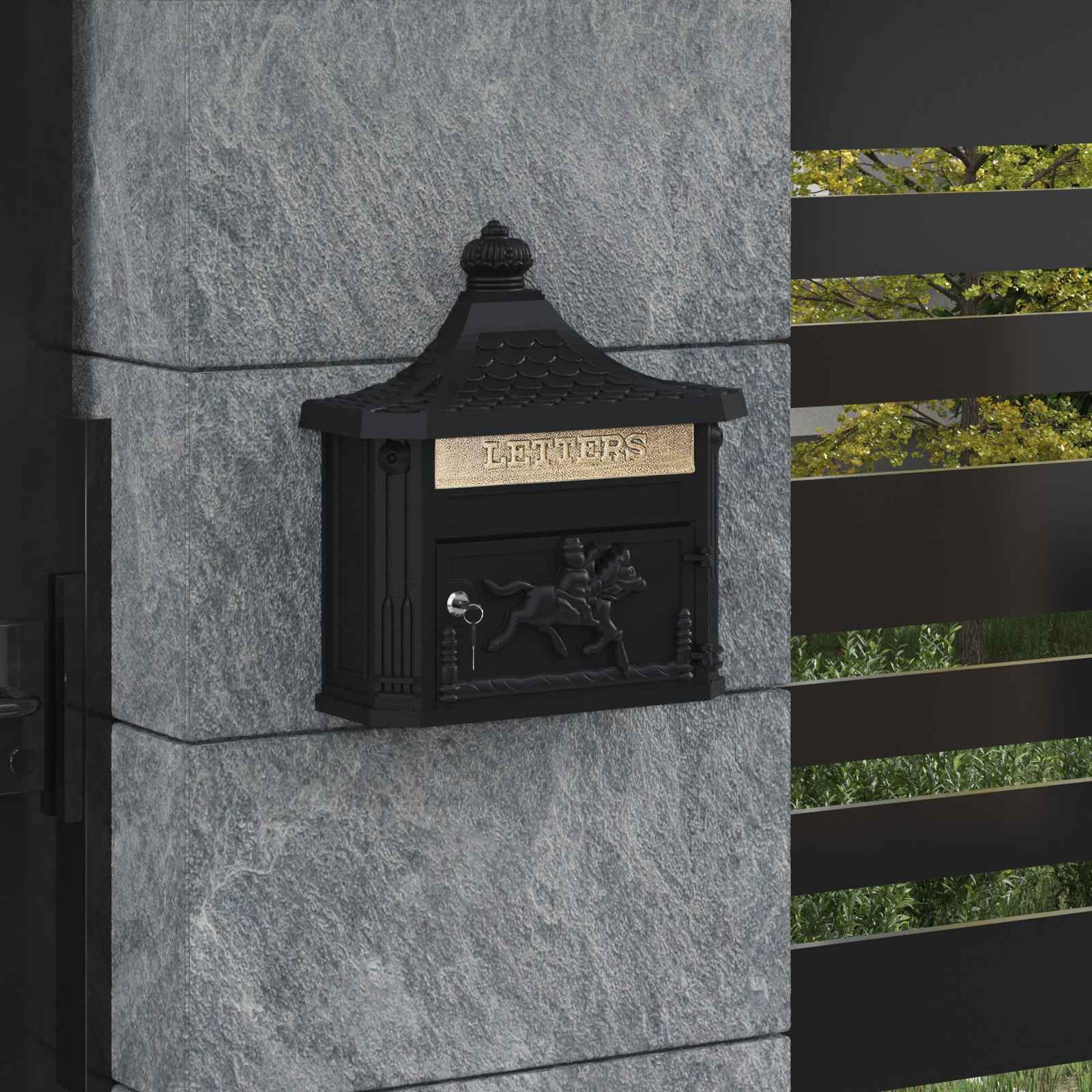 Skrzynka na listy montowana na ścianie z odlewu aluminium, czarna, skrzynka pocztowa w stylu vintage, z drzwiami i zamkiem, 40,5 x 16 x 45 cm, odporna na warunki atmosferyczne, do użytku na