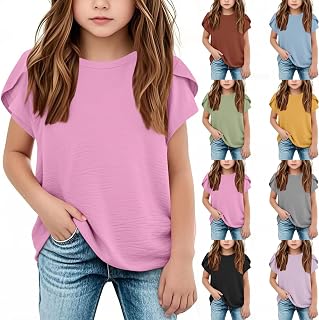 Camisetas de verano de algodón y lino para niñas, camisetas de manga corta para niños, cuello redondo, holgadas, elegantes, estéticas, color sólido, ligeras, lindas camisetas de moda