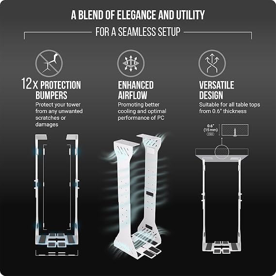 Heavy Duty Under Desk PC Holder Up to 77 lbs Load Capacity - Adjustable Computer Tower Holder - Under Desk Computer Mount (White)
