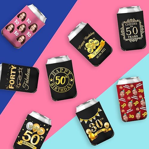 Miniatura 7 de Fundas enfriadoras de latas de cumpleaños, soporte personalizado para botellas de cerveza a granel con nombre de foto, suministros para fiestas de