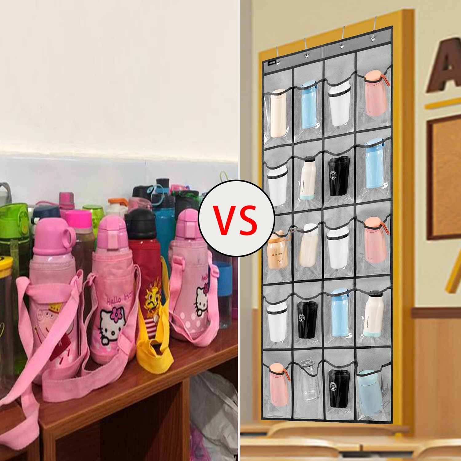 Over Door Hanging Water Bottle Holder Cup Organizer for Kitchen Pantry Glass Bottle Storage Rack with 20 Pockets (CLEAR PVC POCKETS) - Image 4