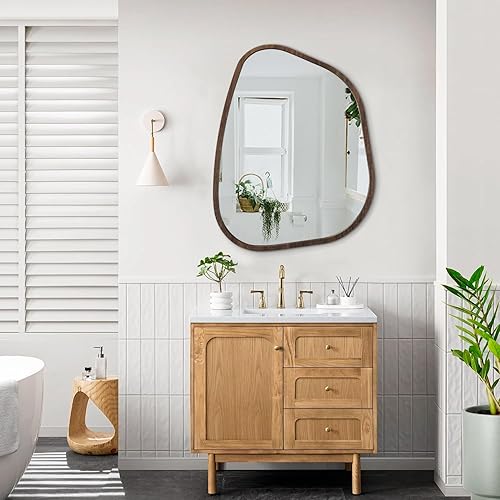 Miniatura 183 de Espejo de pared irregular de 26 x 18 pulgadas, espejo de baño grande asimétrico con marco de madera, espejos decorativos artísticos modernos