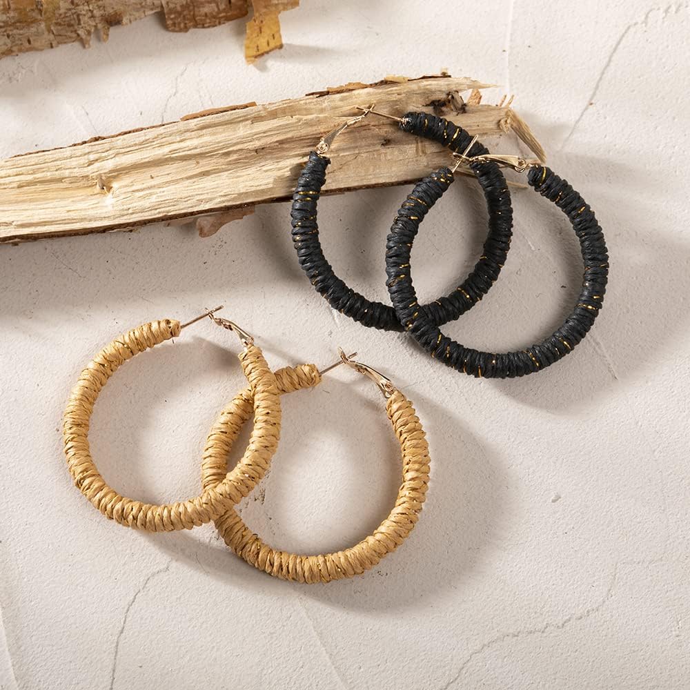 Handmade Rattan Earrings - Large Circle Braided Straw Wicker Drop Earrings - Light Weight Summer Hoops - Image 5