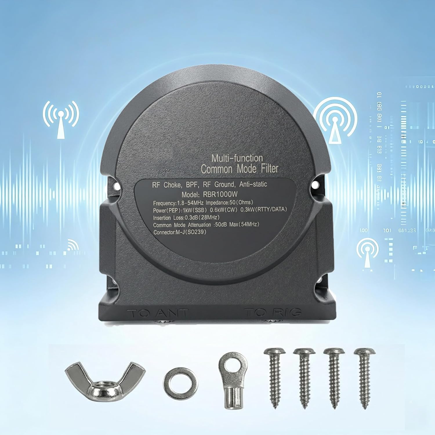 RBR1000W 3-in-1 Shortwave Common Mode Filter, 1.8-54MHz Waterproof RFI Reduction Choke & RF Ground, Band-Pass Filter, 0.3dB Insertion Loss, SWR<1.2 for Amateur Radio Outdoor/Indoor Use