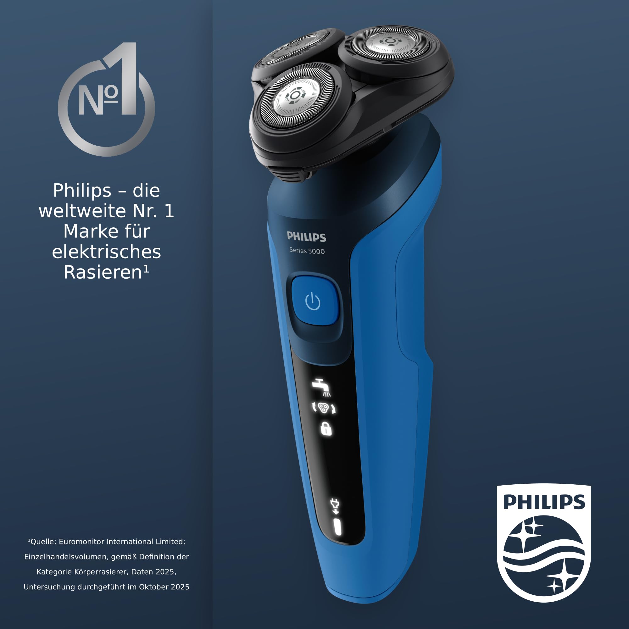 Philips Series 5000 Elektrischer Rasierer für Herren, Nass- und Trockenrasierer, Leistungsstarke & sanfte Rasur, SteelPrecision-Schersystem, flexible 360° Scherköpfe, 60 Min. Laufzeit (S5466/18)