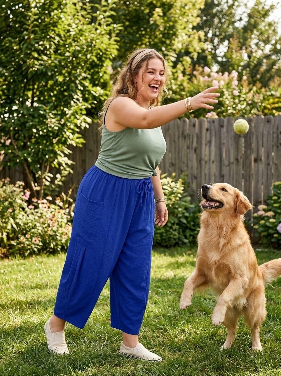 OLRIK Women's Plus Size Pants – Lightweight Cropped Wide Leg Boho Pants with Drawstring & Pockets for Casual Summer Beach
