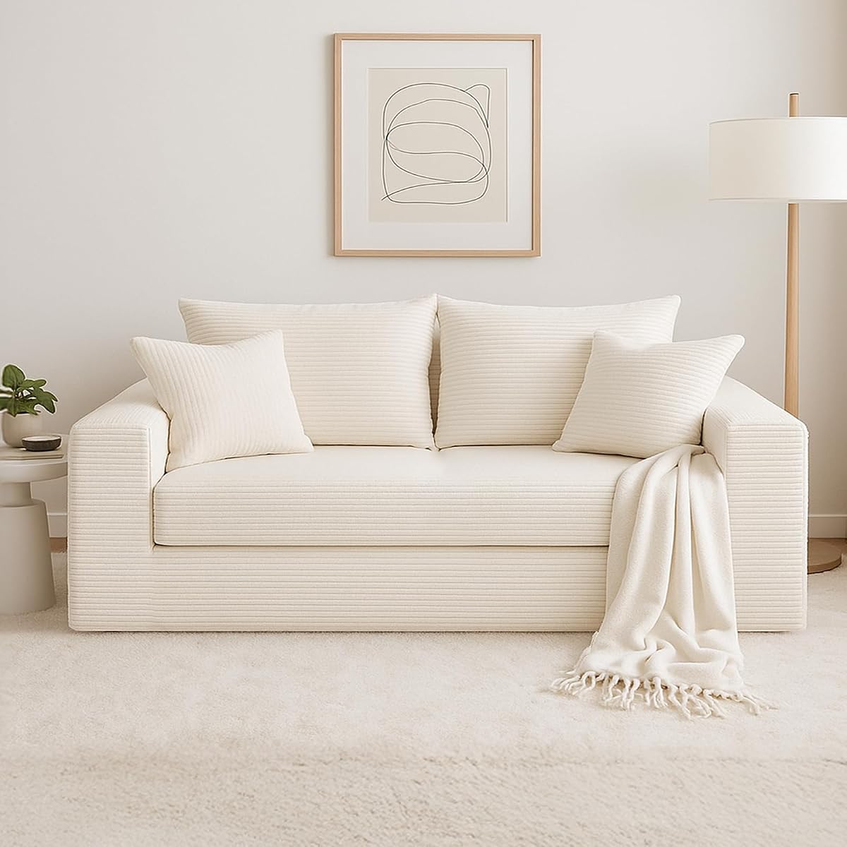 cidludto Convertible Sofa Bed, 3 in 1 Loveseat Folding Couch Bed Foldable - Chaise Lounge Chair & Floor Futon Sofa, Corduroy Pull Out Sofa Bed with 4 Pillows for Living Room, Beige