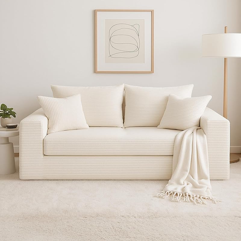 cidludto Convertible Sofa Bed, 3 in 1 Loveseat Folding Couch Bed Foldable - Chaise Lounge Chair & Floor Futon Sofa, Corduroy Pull Out Sofa Bed with 4 Pillows for Living Room, Beige