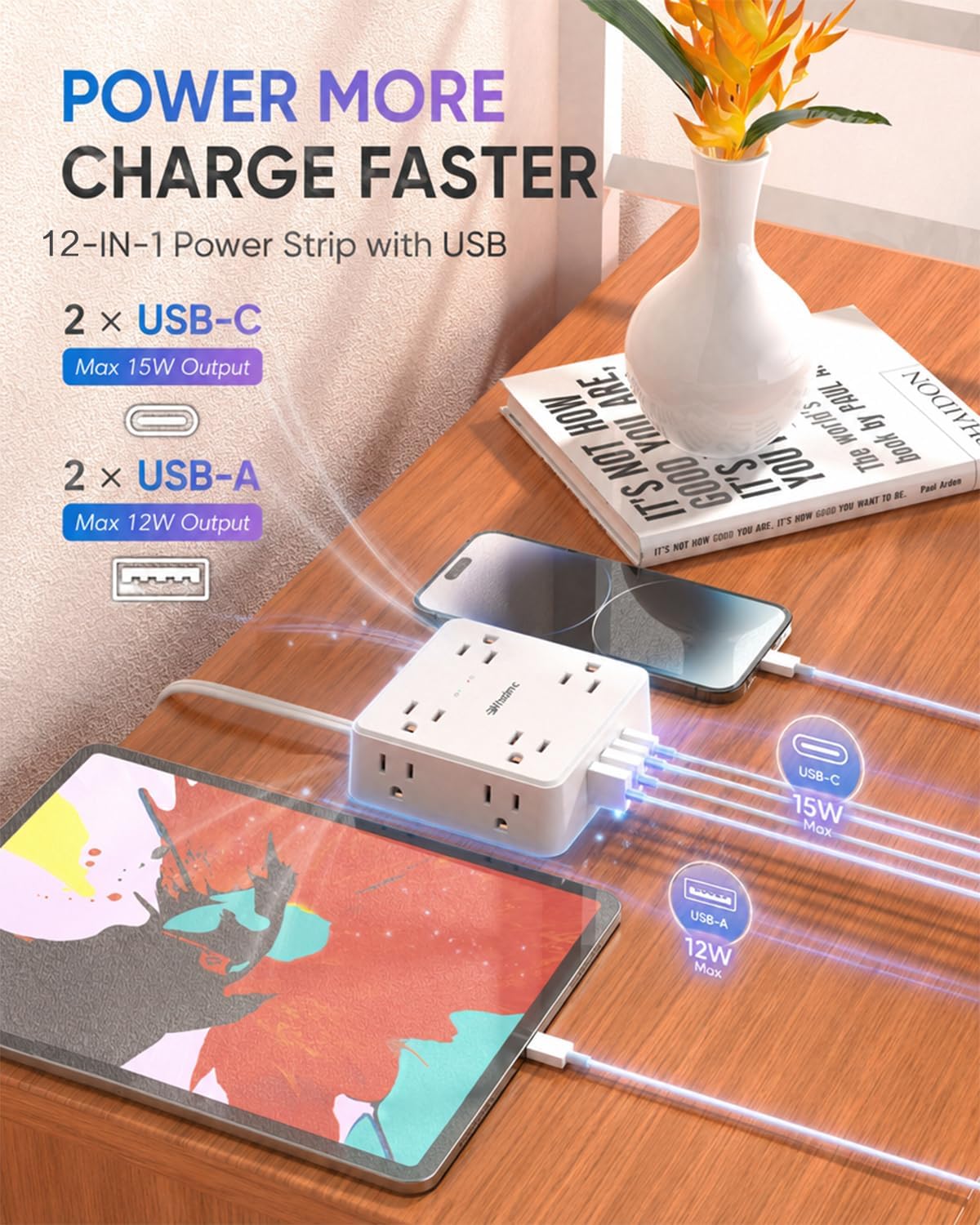 2 Prong Power Strip with 6 Cable Clips, WRXDMC 2 Prong to 3 Prong Outlet Adapter, 1400J Two Prong Surge Protector, 5ft Extension Cord with Thin Flat Polarized Plug, 8 AC&4 USB, Wall Mountable