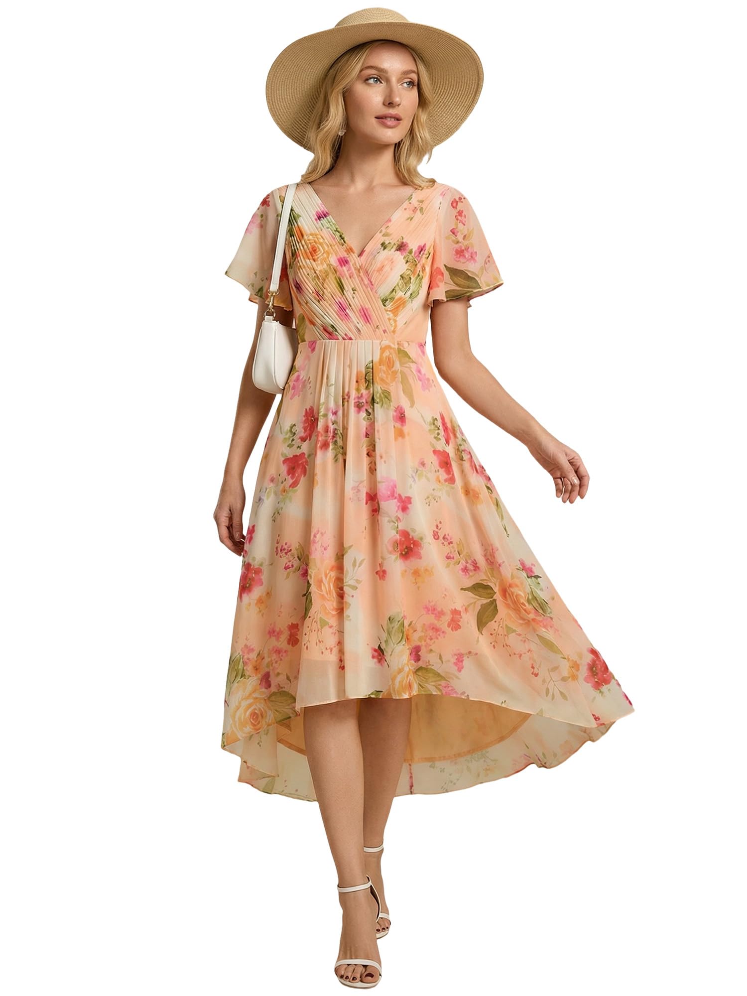 Ever-Pretty Women's Summer Chiffon Formal Wedding Guest Dresses Pleated V-Neck Short Sleeves Cocktail Dress 01923