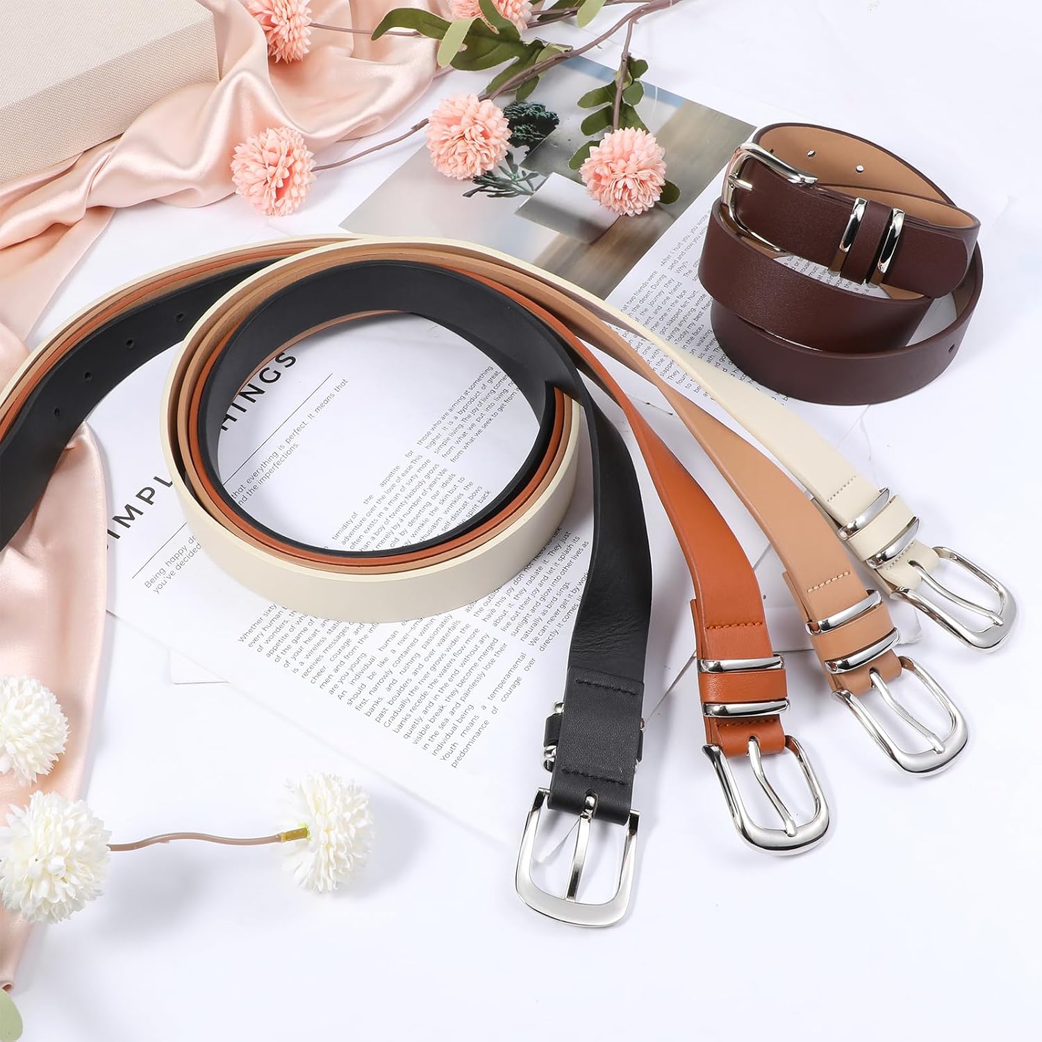 5Pcs Womens Leather Belt Silver Buckle Fits Waist 25-35 Inches, Ladies Belts for Jeans with Silver Buckle 10 Adjustable Holes